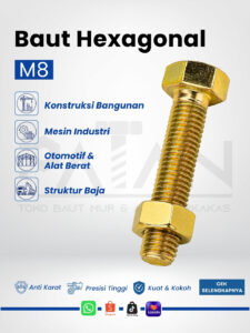 Baut dan Mur Besi Hexagonal Kuning M8 (Panjang 15-75) Kunci 12 Drat Pitch 1.00