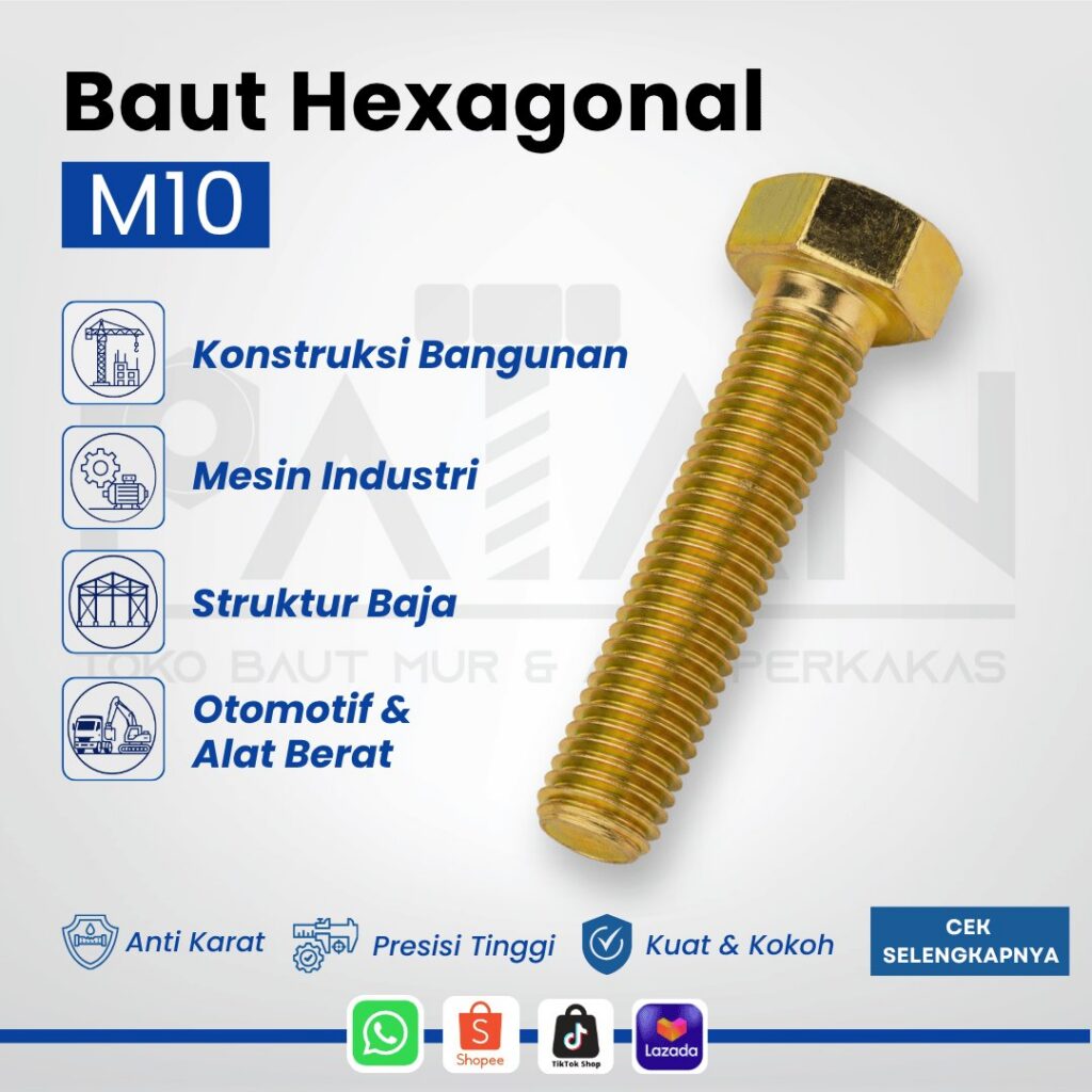 Baut dan Mur Besi Hexagonal Kuning M10 (Panjang 15-50) Kunci 14 Drat Pitch 1.00
