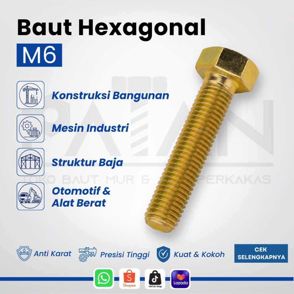 Baut dan Mur Besi Hexagonal Kuning M6 (Panjang 10-75) Kunci 10 Drat Pitch 1.00