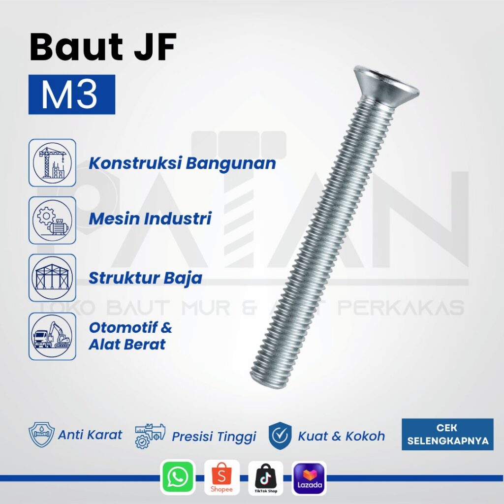 Baut JF Kepala Datar Putih M3 Machine Screw (Panjang 10-40) Obeng Plus (+)