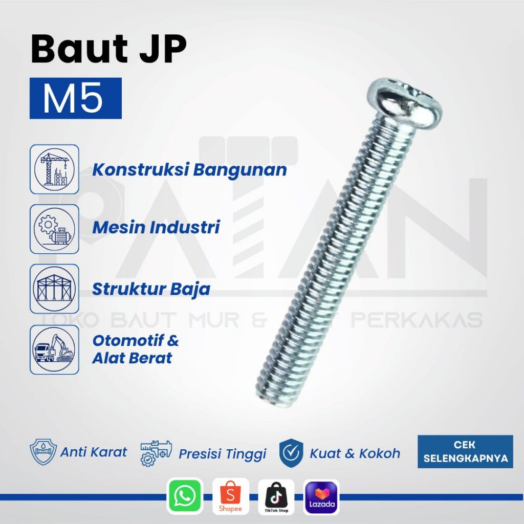 Baut JP Kepala Bulat Putih M5 Machine Screw (Panjang 8-50) Obeng Plus (+)