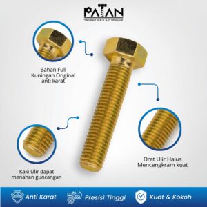 Baut dan Mur Besi Hexagonal Kuning M6 (Panjang 10-75) Kunci 10 Drat Pitch 1.00