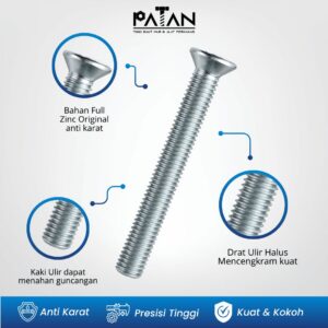 Baut JF Kepala Datar Putih M3 Machine Screw (Panjang 10-40) Obeng Plus (+)